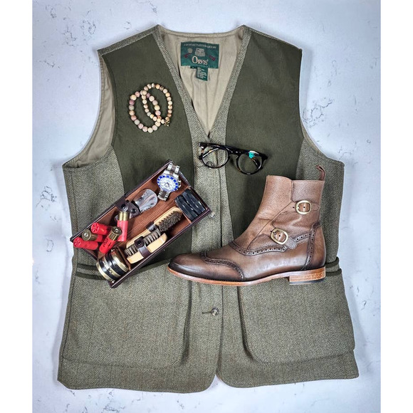 Orvis Waistcoat Hunting Vest - Size LG - Muted Plaid Green Suede Leather - Picture 3 of 5